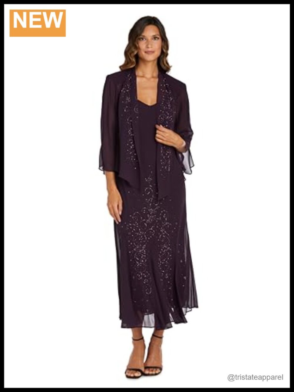 R&M Richards Beaded Georgette Midi Slip Dress with Jacket Two-Piece Set